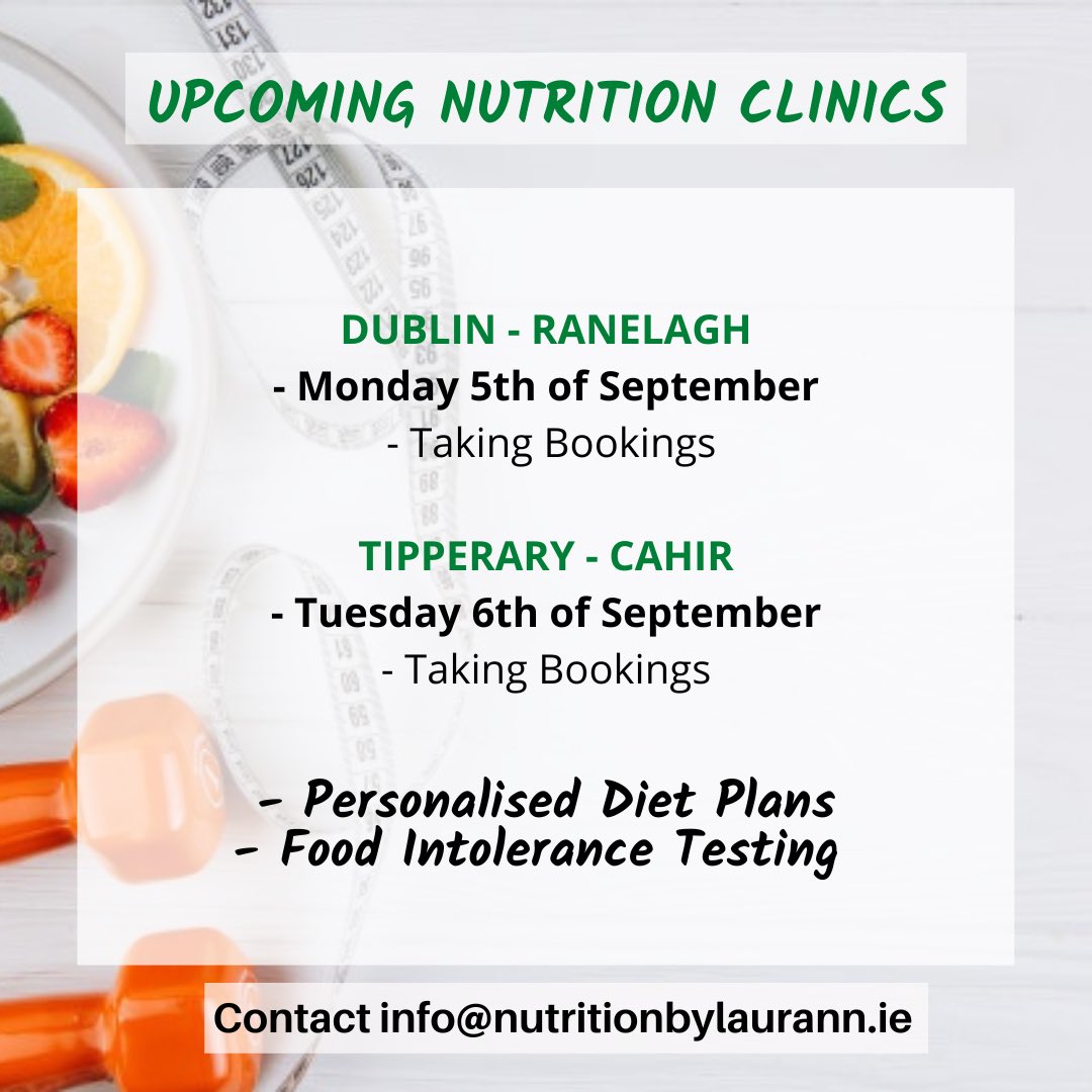 Upcoming September Nutrition Clinics 

Contact me here 👇
nutritionbylaurann.ie/contact-us/#co…

#nutritionclinics #foodintolerence #personalsedplans