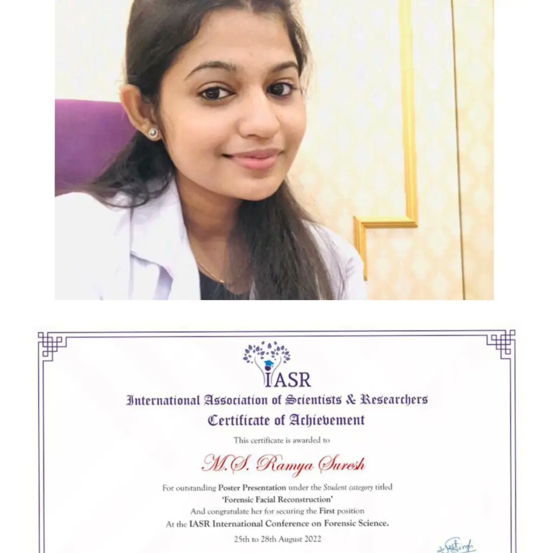 SdcForensic's tweet image. Dr.M.S.Ramya Suresh from MS Oral Biology secured first position and Dr.Neha Kannan from MDS Oral pathology secured second position in poster presentation at IASR 
International conference on Forensic sciences.
#posterpresentation #simats #sdcforensic #saveethadentalcollege #IASR