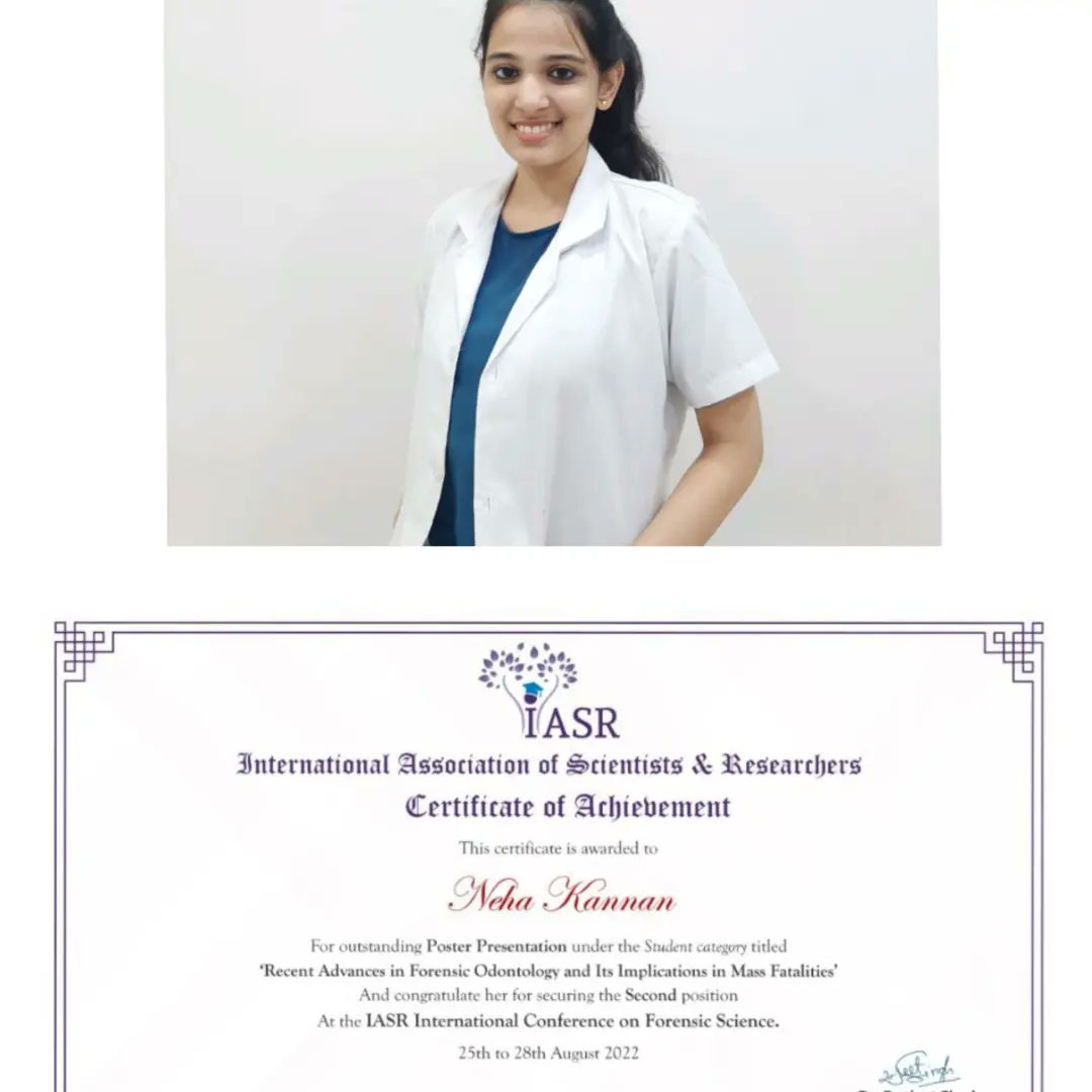SdcForensic's tweet image. Dr.M.S.Ramya Suresh from MS Oral Biology secured first position and Dr.Neha Kannan from MDS Oral pathology secured second position in poster presentation at IASR 
International conference on Forensic sciences.
#posterpresentation #simats #sdcforensic #saveethadentalcollege #IASR