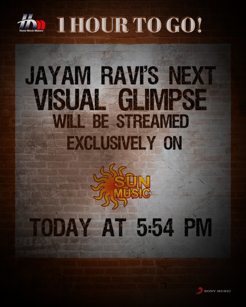MithranSakthi's tweet photo. Just only 1 Hour More for the Next big Announcement!
#JRNext's Visual Glimpse will be streamed in @SunMusic at 5:54, 6:24, 6:40 and 6:54pm @actor_jayamravi anna 🔥❤️🔥 @sujataa_HMM
@Omaartweets @shiyamjack @teamaimpr @SonyMusicSouth https://t.co/0Gz9SwI3eS