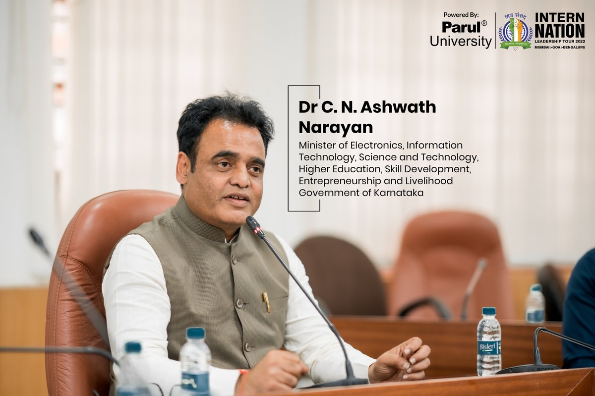 ParulUniversity's tweet photo. Dr C. N. Ashwath Narayan interacted with our students who are on @csindiaa’s InternNation tour powered by Parul University. During his address, he talked about how India will influence the world in the future. 
#ChhatraSansad
#InternNation
#ashwathnarayan https://t.co/8TR69CUFuP