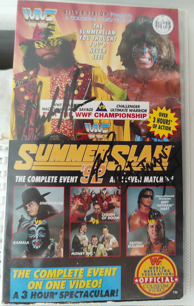 #Summerslam92 30 years on since the UKs biggest and best Wrestling PPV. One of my favourite pieces of Wrestling merchandise Signed by Macho Man, Animal and Bret the Hitman Hart. And unwatched VHS of the event, won in a competition back in 1992.
