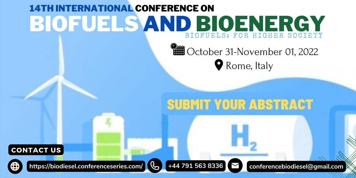 Join #Biofuels &amp; #Bioenergy International #conference &amp; get YRF awards 
Abstract🔗: cutt.ly/gJoh7IA
🗓️ Oct. 31-Nov. 01, 2022
📍#Rome #Italy 
Contact: +447915638336
#Biomass #Biogas #RenewableEnergy #Biorefineries #Bioalcohol #Bioethanol #Aviationbiofuels #Advancedbiofuels