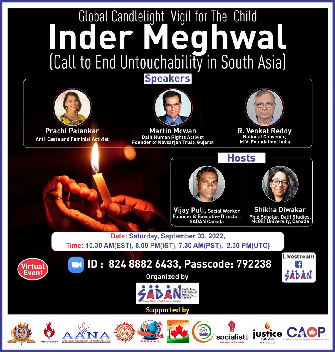 Please join our virtual event to support Inder Meghwal, 9 y old child who was d recent victim of caste discrimination &amp; untouchability in India. A global call to end untouchability practice in SA. 

#JusticeForInderMeghwal 
#DalitLivesMatter 
#NoChildUntouchable  #JaiBhim