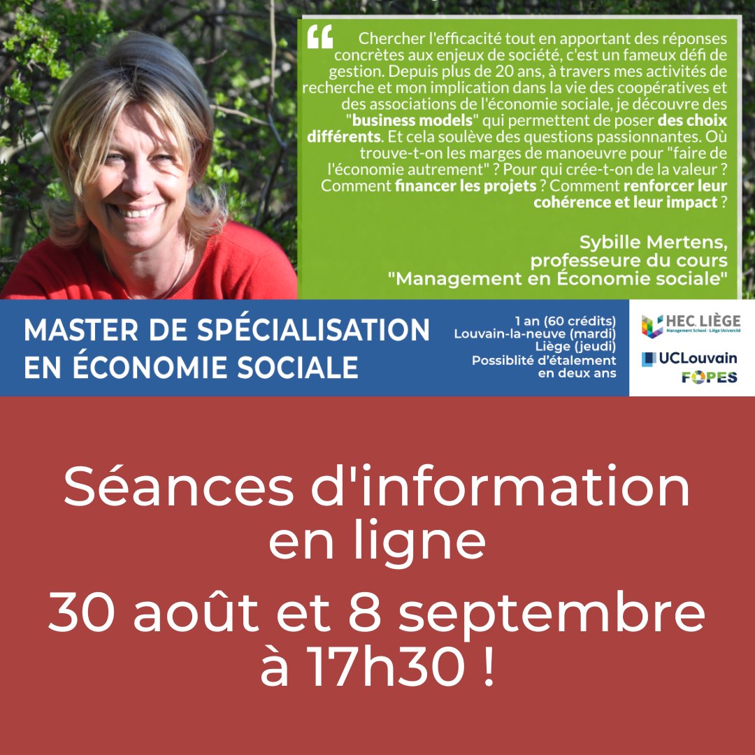 Un master de spécialisation organisé deux jours par semaine à Liège et Louvain-la-Neuve qui vous ouvrira des portes pour vous engager dans le secteur de l'économie sociale ! <a href="/HECLiege/">HEC Liège</a> <a href="/FOPESUCLouvain/">FOPES UCLouvain</a> 
❓ bit.ly/3w4Q4bJ