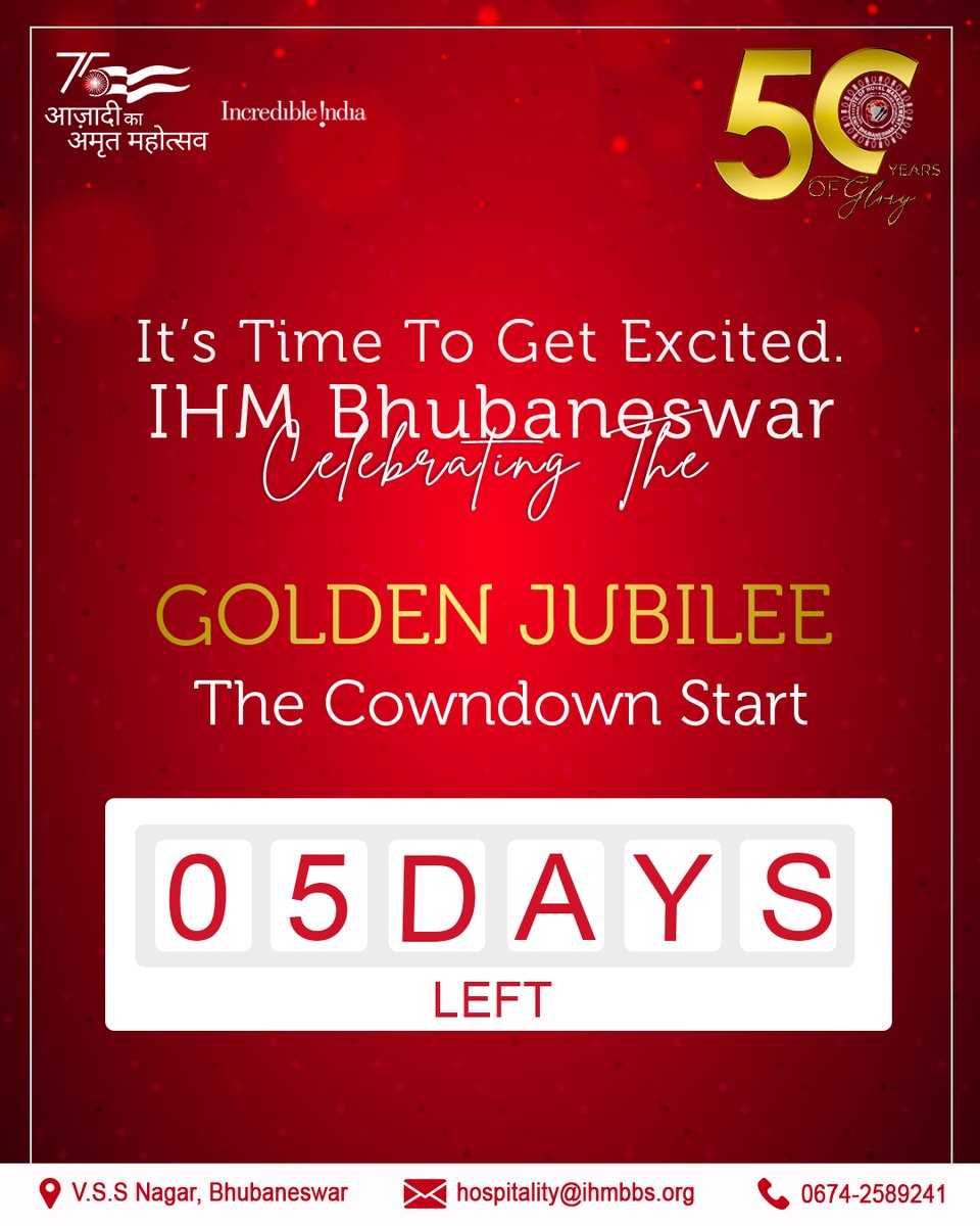 BhubaneswarIhm's tweet photo. Join the journey of 50 years of glory of @BhubaneswarIhm . 
05 Days Left... 
.
.
#turning50 #AzadiKaAmritMahotsav #ihmbhubaneswar #ihm2022 #50yearsofGlory #goldenjubilee #ihmindia #celebrating50years #Bhubaneswar #bhubaneswarbuzz #5daysleft https://t.co/dbVvbEvL7G