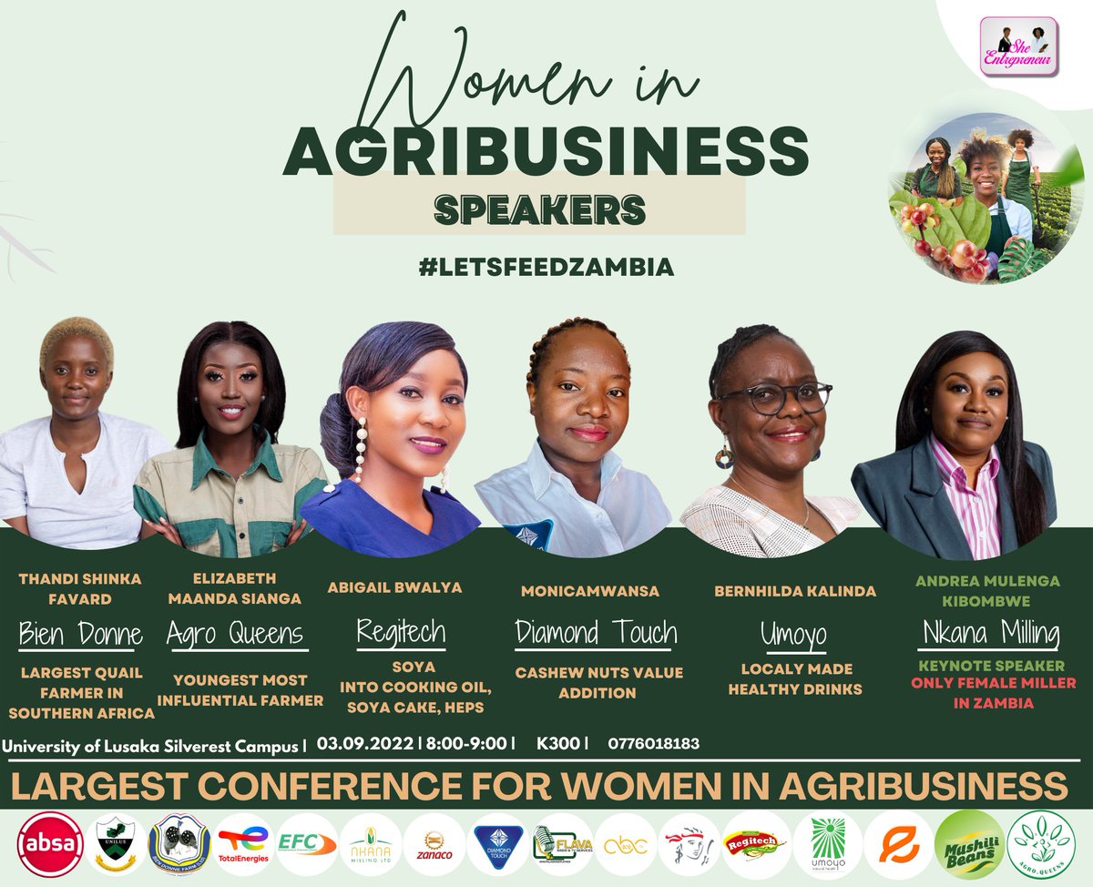 SheEntrepreneur's tweet photo. PARTNER AND SPONSOR REVEAL
@AbsaZambia @TotalEnergies EFC @Prudential @biendonnefarms @zanacoplc @Touch4Diamond @NkanaMilling @UmoyoNH @MushiliBeans @UnilusOfficial @CbcZambia @flavafm87dot7 @prudentialplc https://t.co/aeoBXUHkJC