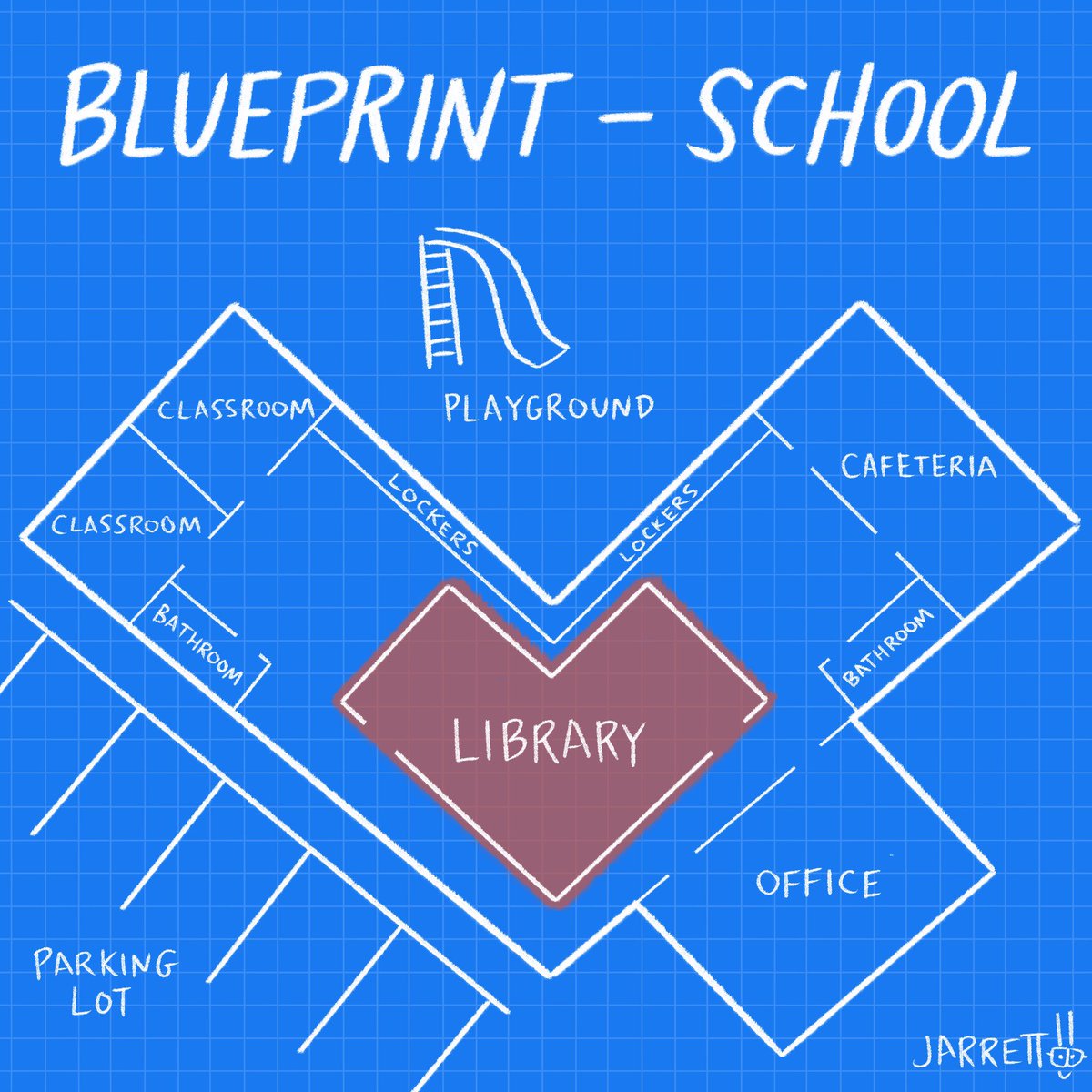 Do the schools in your community all have libraries? Does each one have a dedicated librarian? I hope so. Libraries are the heart of a school, and librarians serve an essential role in them.

You can download this art for free at the Art page of my site: jarrettlerner.com/art/