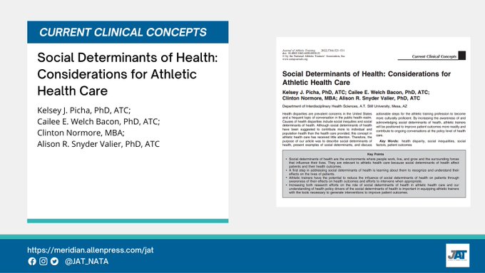 JAT_NATA's tweet photo. In the new issue of @JAT_NATA from @KelseyPicha and colleagues:

Social Determinants of Health: Considerations for
Athletic Health Care

Link: https://t.co/zqGy4VNZIK https://t.co/Aef7UKfW49