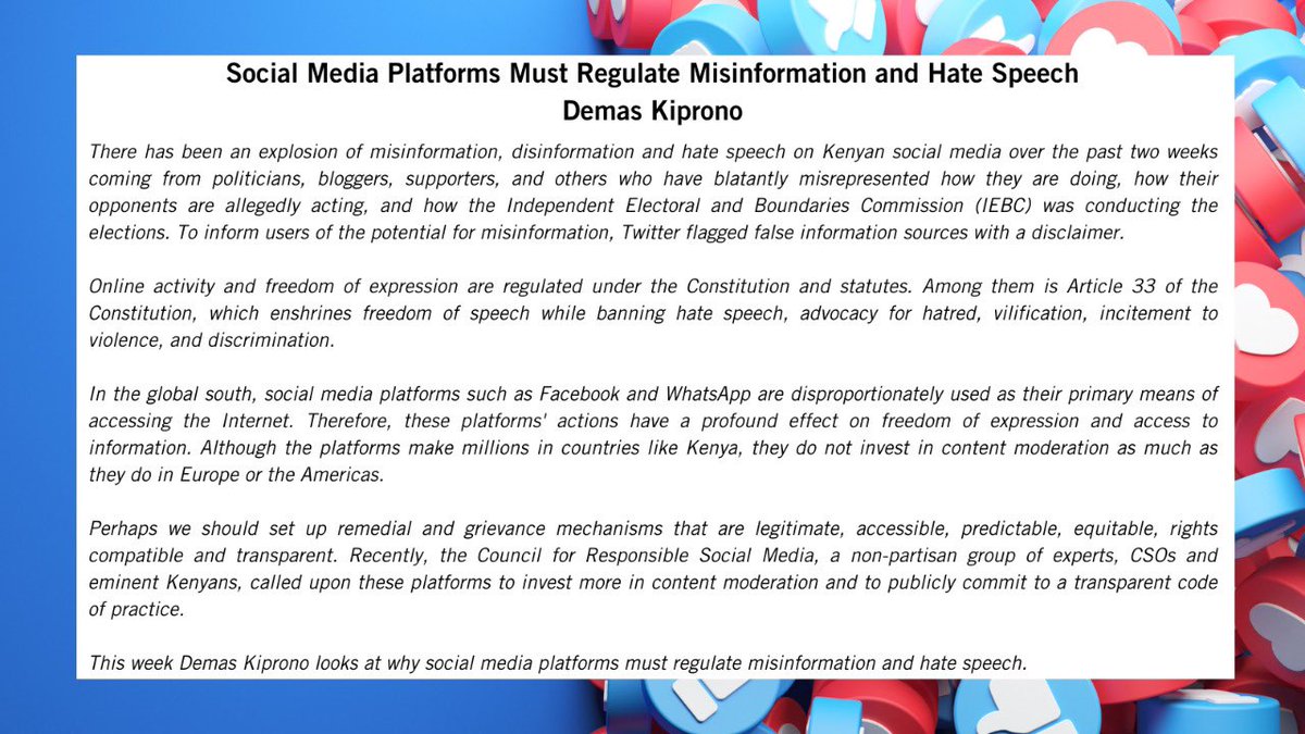 AmnestyKenya's tweet photo. You get some misinformation, you get some misinformation, everybody gets some misinformation! Social media has been like this these past few weeks and @kipdemas speaks on why social media platforms must curb this in our first #AmnestyRead.
https://t.co/2M6jyOP3qG https://t.co/97PEEl18bk