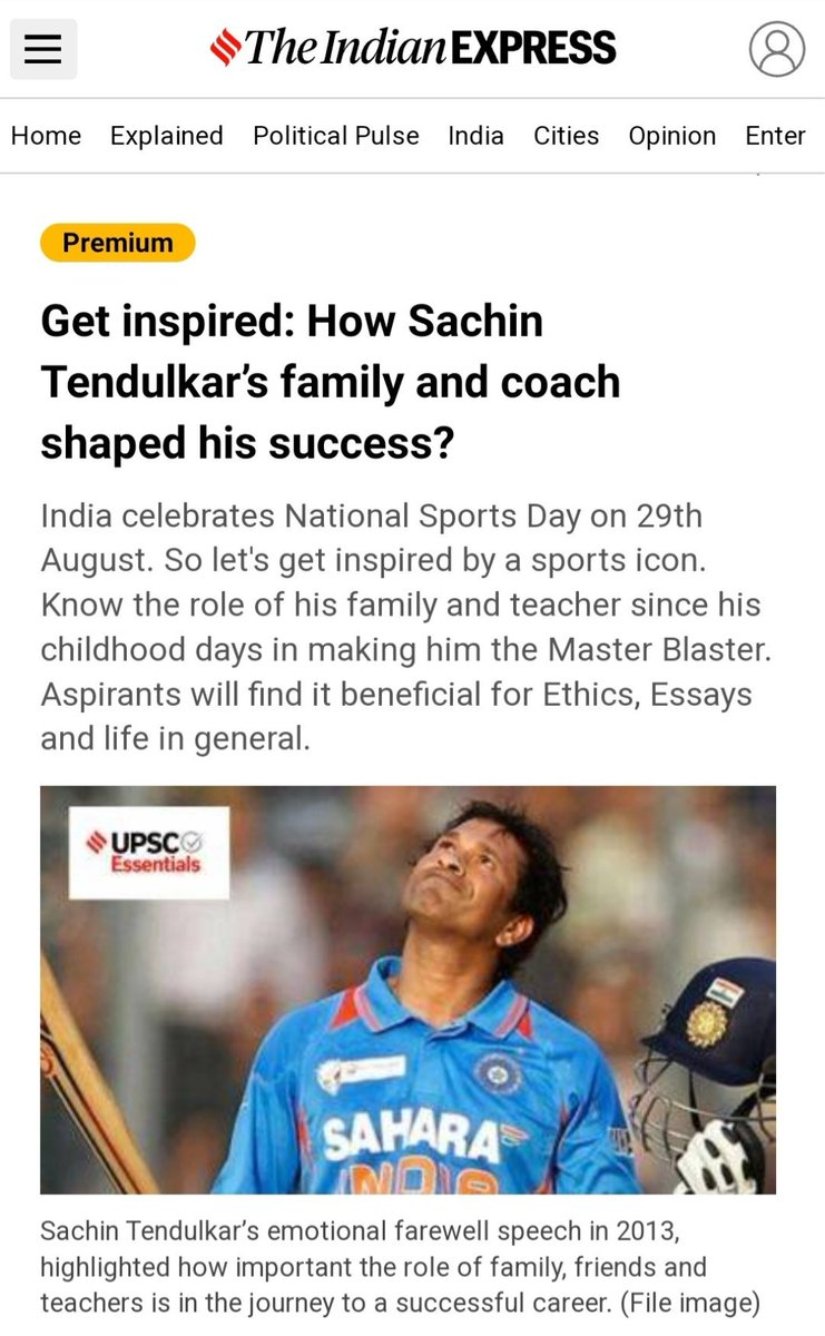 India is celebrating #NationalSportsDay today. Read this insightful article by <a href="/ManasSr40194449/">Manas Srivastava</a> to know the role of <a href="/sachin_rt/">Sachin Tendulkar</a>'s family and teacher since his childhood days in making him the Master Blaster.

<a href="/IndianExpress/">The Indian Express</a>

Read here- indianexpress.com/article/upsc-c…

#Inspiration