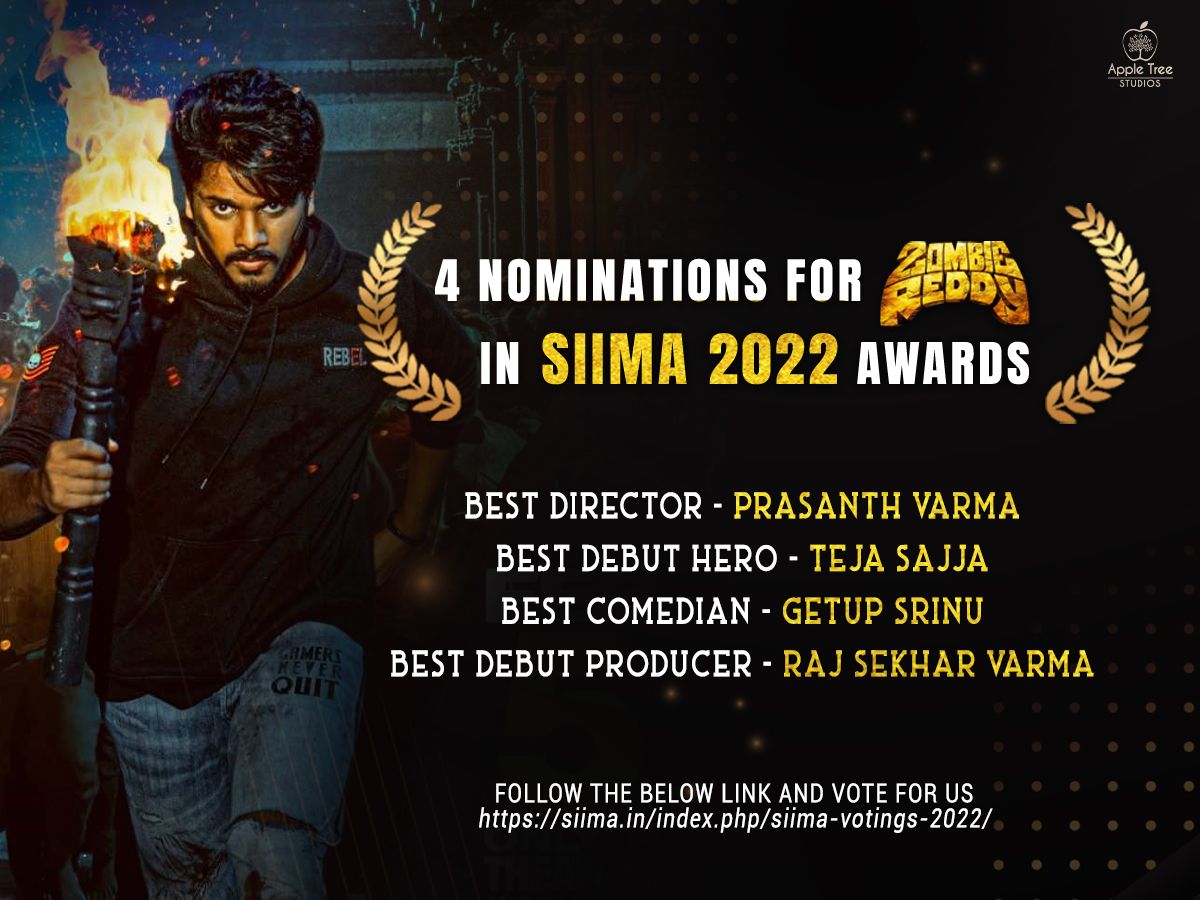 The #BloodyBlockbuster #𝙕𝙤𝙢𝙗𝙞𝙚𝙍𝙚𝙙𝙙𝙮 🧟‍♂️ is nominated for SIIMA 2022 in 4 Categories! 🔥😎

Best Director - @PrasanthVarma
Best Debut HERO - @tejasajja123
Best Comedian - @getupsrinu3
Best Debut Producer - #RajShekarVarma

#BloodyBlockbuster @AppleTreeOffl