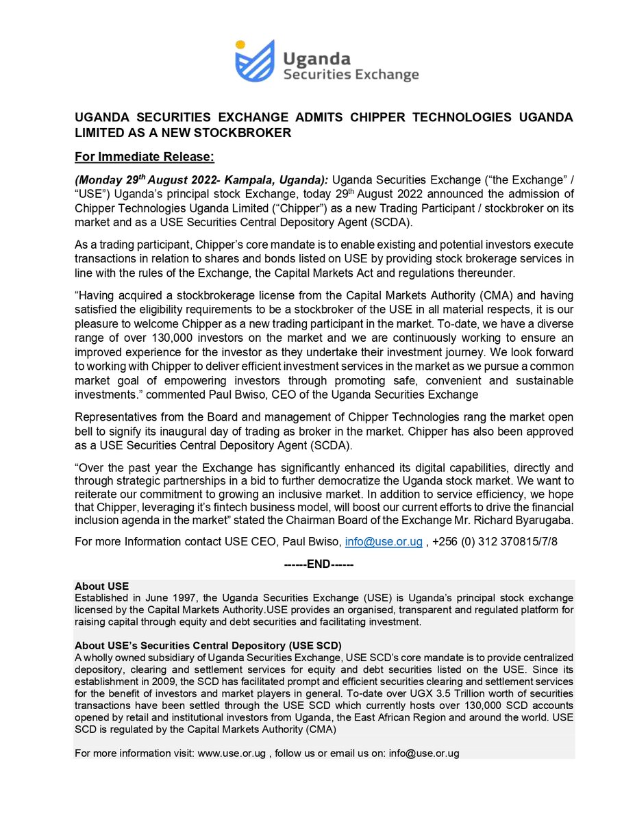 USEUganda's tweet photo. Press Release :
Uganda Securities Exchange admits Chipper Technologies Uganda Limited as a Stockbroker.
Join us in congratulating them upon this giant milestone.
#ChipperAdmission #ChipperxUSE #InspiringGrowth https://t.co/WZIOB8BW0f