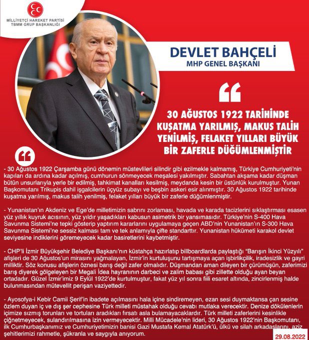 MhpKayseri38's tweet photo. Genel Başkanımız Sayın Devlet BAHÇELİ @dbdevletbahceli: 30 Ağustos 1922 tarihinde kuşatma yarılmış, makus talih yenilmiş, felaket yılları büyük bir zaferle düğümlenmiştir

 https://t.co/3On6DPiHv4 https://t.co/I20YRoKryU