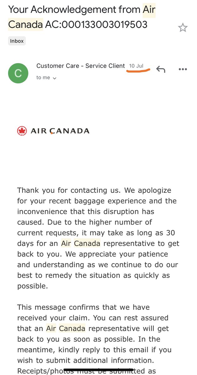 sgregory30's tweet photo. @AirCanada 50 days and counting still no response to my email. Understand it’s busy but you can’t be 20 days past your SLA. #CustomerService #lostbaggage #isanybodyhome https://t.co/apsW7yGf7W