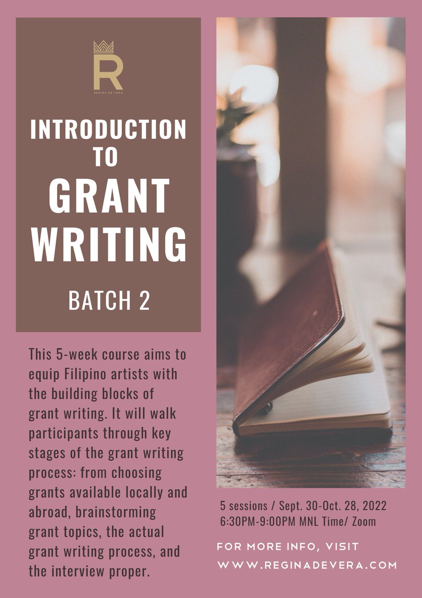 msreginadevera's tweet photo. I'm ready for you Batch 2!

INTRODUCTION TO GRANT WRITING
Sept 30-Oct 28, 2022:
(Fridays - 5 sessions)
6:30-9:00PM MNL Time Zoom

Visit https://t.co/UDpWcAGmE7 for more details.

#IntrotoGrantWriting
#EmpoweringtheFilipinoArtist https://t.co/H0WIrPlETA