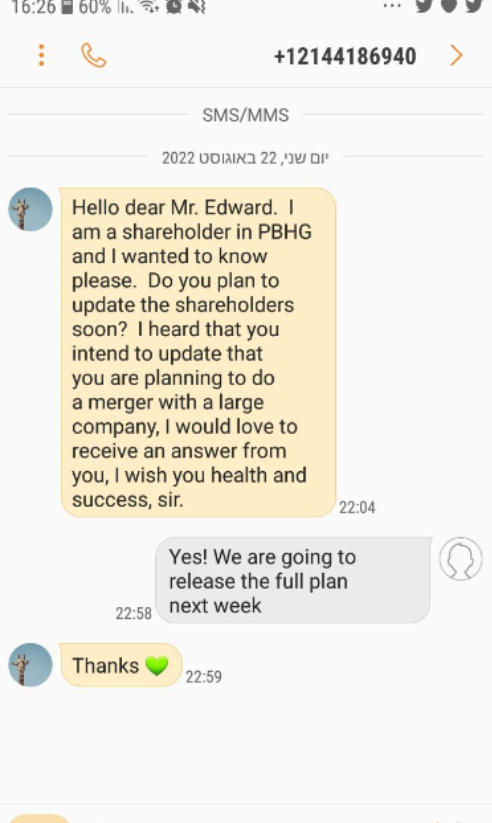 elchanan_otc's tweet photo. $PBHG 📢📢📢📢 Merger🚀🚀🚀
Huge update❗️❗️❗️
this week the CEO is going to update about a merger,
See the message from the CEO⬇️

be ready It's going to fly, IMO
 the market loves a stock with a merger.

✅Last week we Reinstated and change of agent.
✅Next week update on merger https://t.co/gowWL0VRTc