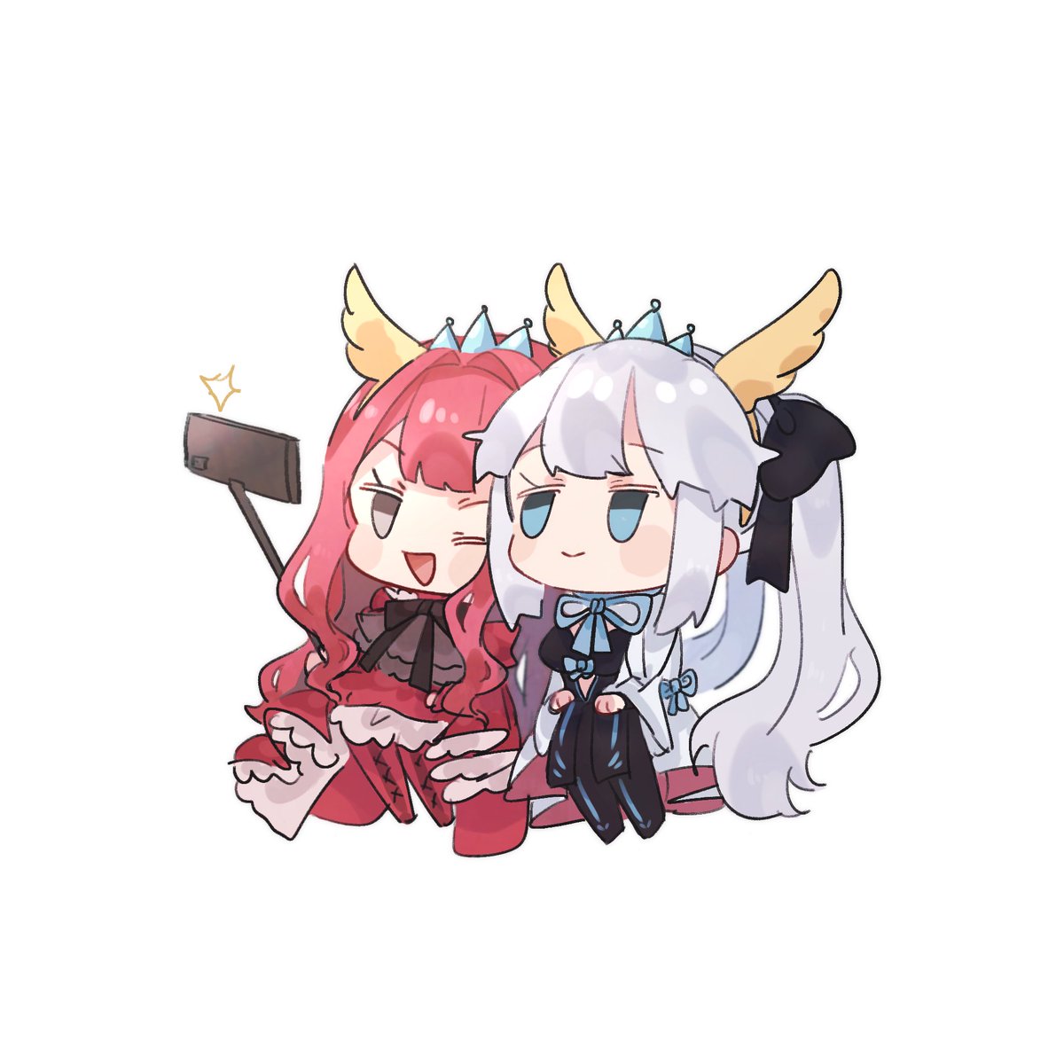 fairy knight tristan (fate) ,morgan le fay (fate) multiple girls 2girls one eye closed chibi selfie phone smile  illustration images