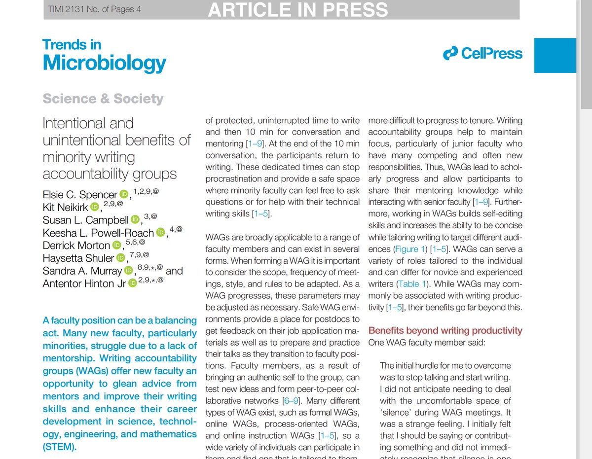 phdgprotein86's tweet photo. Grant writing is so critical in STEM. We set out to give minority trainees &amp; faculty information about Writing accountability groups (WAGs)! WAGs improve your writing, grants, &amp; mentoring skills. Thank you, @TrendsMicrobiol &amp; @CellPressNews, for the opportunity to publish! https://t.co/YWiavY8Sjk
