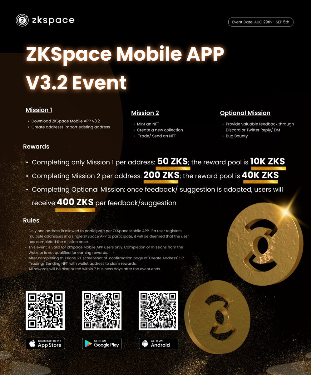 💥ZKSpace Mobile APP V3.2 is BACK!

🔥You can now manage your NFTs from fingertip

🧧Total Rewards of 50K ZKS await

🎁Download, complete missions to win your prize

📒Event starts TODAY, check out rules &amp; details in the pic below👇

#ZKSpace #NFTs