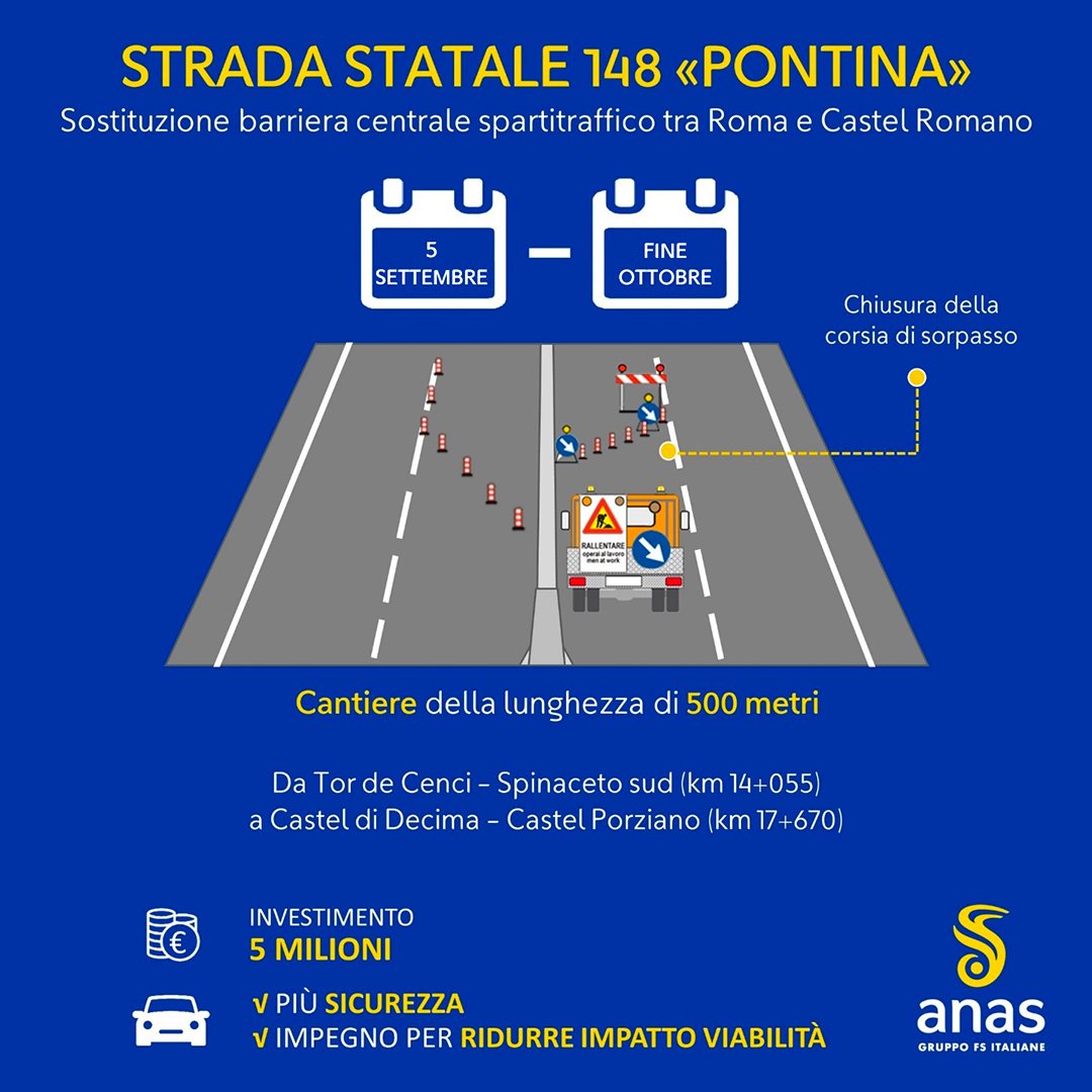 StradeAnas's tweet photo. Piano #Anas Potenziamento #SS148 #Pontina  
Dal #5settembre al via i lavori di sostituzione spartitraffico centrale con la #NDBA, la nuova barriera progettata da Anas.
Termine interventi entro fine ottobre.
Tutti i dettagli ⤵️ https://t.co/kJN9uktHMB https://t.co/IknFbbTCU0