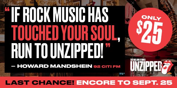 expolivewpg's tweet photo. ENCORE EXTENSION! 🎸 
The Rolling Stones | Unzipped has a final encore extension – a must see for any music, art, fashion or pop culture fan! 
Book today for ONLY $25! 🎟️ 
https://t.co/fnRWN8Phfi https://t.co/sKff3VqjDM