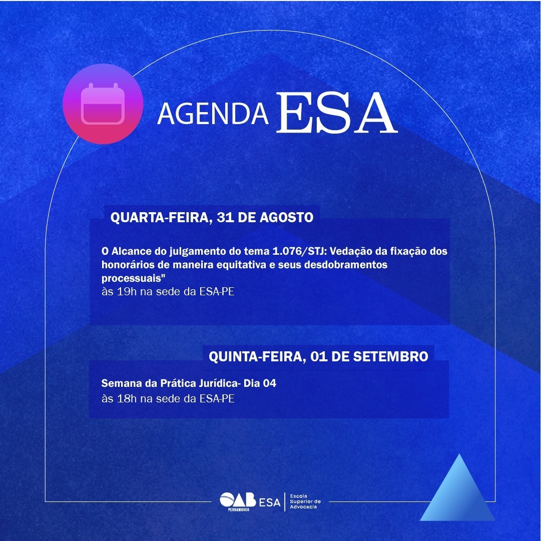 ESAOABPE's tweet photo. Confira os acontecimentos que marcam a semana da ESA.
Acompanhe sempre as nossas redes sociais para ficar por dentro dos nossos principais acontecimentos e atualizações nas programações dos eventos.
#esa #esape #oab #oabpe #advocaciapernambucana https://t.co/vRUmHiLYs9