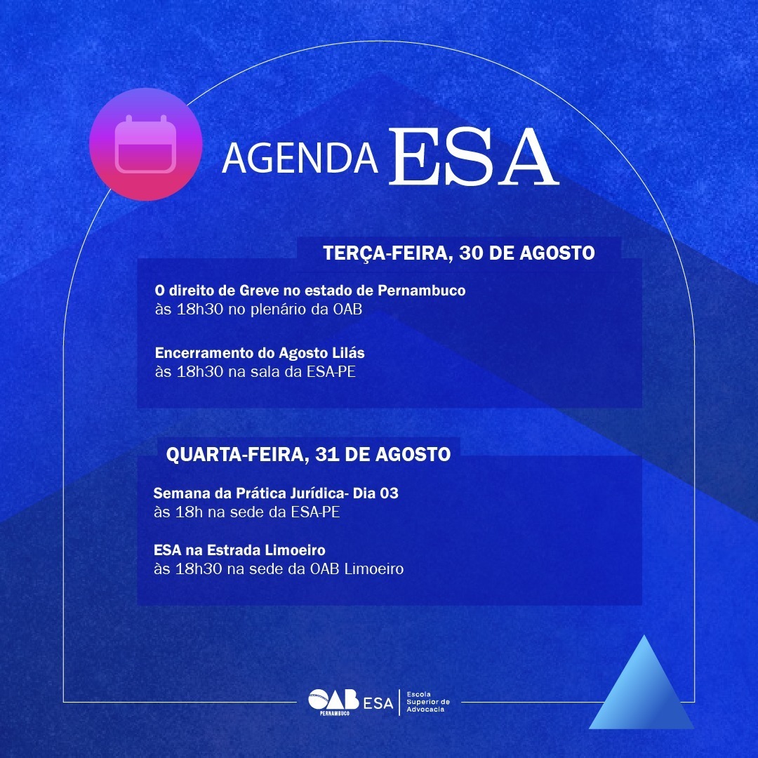 ESAOABPE's tweet photo. Confira os acontecimentos que marcam a semana da ESA.
Acompanhe sempre as nossas redes sociais para ficar por dentro dos nossos principais acontecimentos e atualizações nas programações dos eventos.
#esa #esape #oab #oabpe #advocaciapernambucana https://t.co/vRUmHiLYs9