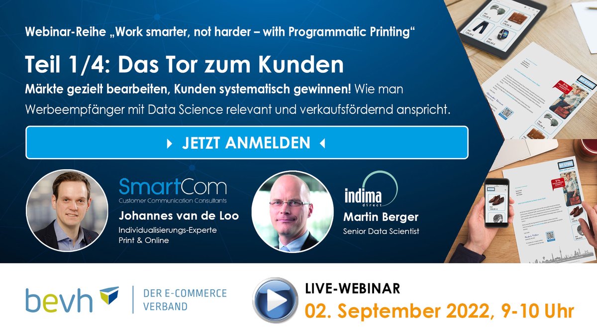 Martin Grobi (@grobi) on Twitter photo Am 02. September, 09:00: #Märkte gezielt bearbeiten, #Kunden systematisch gewinnen!
„Work smarter, not harder – with #ProgrammaticPrinting“ - "Das Tor zum Kunden"
👉 bevh-org.zoom.us/webinar/regist…
#SmartCom #Methoden #Qualität #KI #PrintWerbung #DataScience
#bevh_events <a href="/bevh_org/">bevh-Redaktion</a> Am 02. September, 09:00: #Märkte gezielt bearbeiten, #Kunden systematisch gewinnen!
„Work smarter, not harder – with #ProgrammaticPrinting“ - "Das Tor zum Kunden"
👉 bevh-org.zoom.us/webinar/regist…
#SmartCom #Methoden #Qualität #KI #PrintWerbung #DataScience
#bevh_events <a href="/bevh_org/">bevh-Redaktion</a>