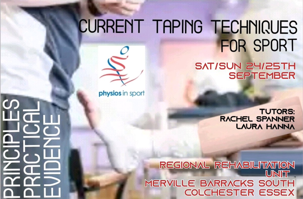 physiosinsport's tweet photo. 𝙏𝙖𝙥𝙚 𝙡𝙞𝙠𝙚 𝙖 𝙋𝙧𝙤!

Pick up strapping tips+skills from ProSport Physios,@TeamGB &amp; #CWGphysiosinsport Laura Hanna @rspb04

Sept 24/25
Colchester,Essex

Book your place HERE:
https://t.co/0wwRt42KZF

Current Taping Techniques: Principles, Practical, Evidence

#LearnWithUs https://t.co/Fu4cev0JgX