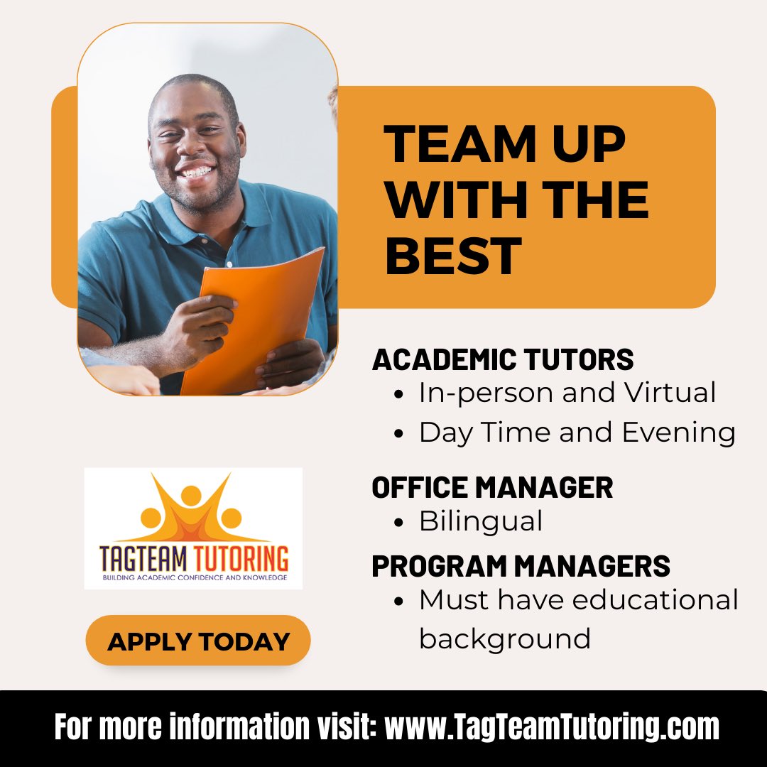 TagTeamTutoring's tweet photo. Team Up With The Best!
We're Hiring 

- Academic Tutors
 (Day Time and Evening) (In-person and Virtual)
-Office Manger (Bilingual)
-Program Managers (Must have educational background)

Job Description:
https://t.co/nHtB2l280c https://t.co/cLz4apoj9j