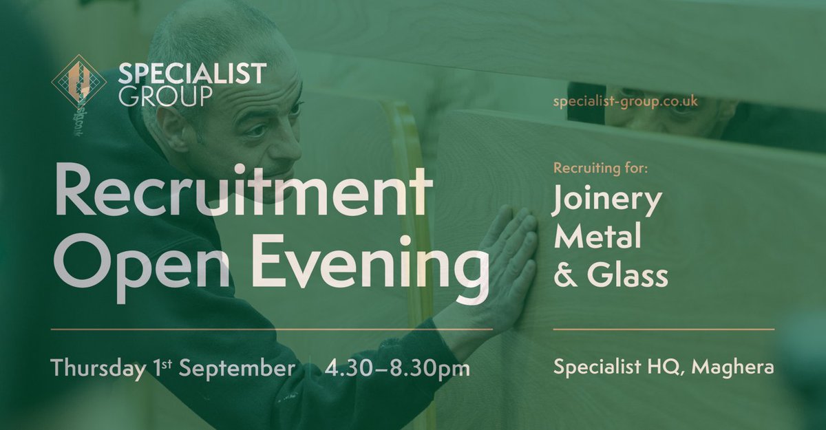 SpecialistGp88's tweet photo. Are you looking for a career change? 

We are currently recruiting for a number of roles:

-Workshop Joiner
-Joinery Machinist
-Architectural Metalworkers
-TIG Welder
-Spray Painter
-Design Manager
-Project Manager
-HIG Driver

Join us this Thursday for our open evening! https://t.co/F4USLr9QJT
