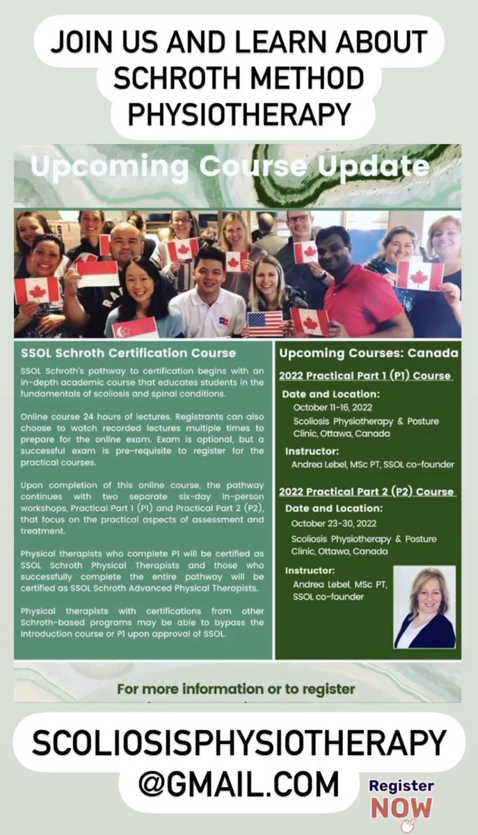 scoliosisottawa's tweet image. Scoliosis education courses Ottawa! Scoliosisphysiotherapy@gmail.com #schrothcertification #schroth #schrothmethod #PhysicalTherapy #physiocourse #scoliosisphysio #scoliosiseducation #scoliosisspecificexercises #internationalcourse #PSSE #SOSORT #POSNA #CanadianPT #helppatients