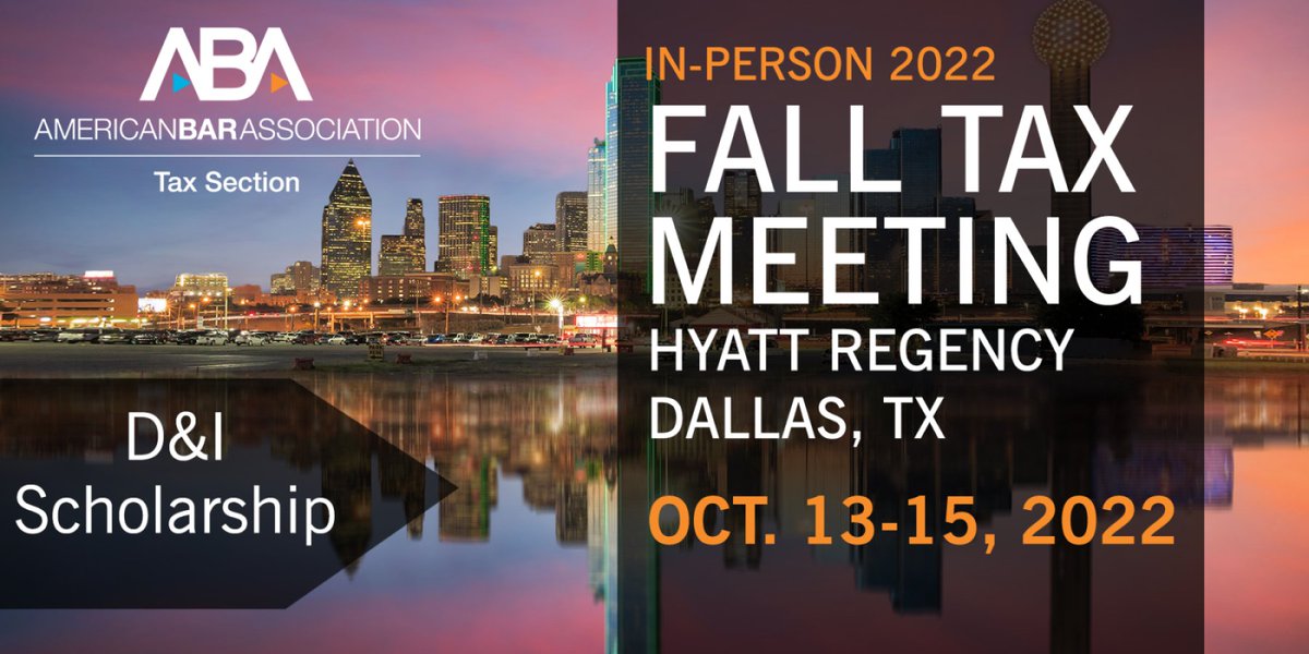 ABATAXSECTION's tweet photo. Today is the deadline to apply for a diversity and inclusion scholarship for the 2022 Fall Tax Meeting. The scholarship includes full registration, travel, and hotel.
Learn more & apply:
https://t.co/7k60VuM7L4
#Tax #TaxLaw #22TaxFall #TaxCLE #TaxMeetings #TaxTwitter https://t.co/apcCPSUNrF