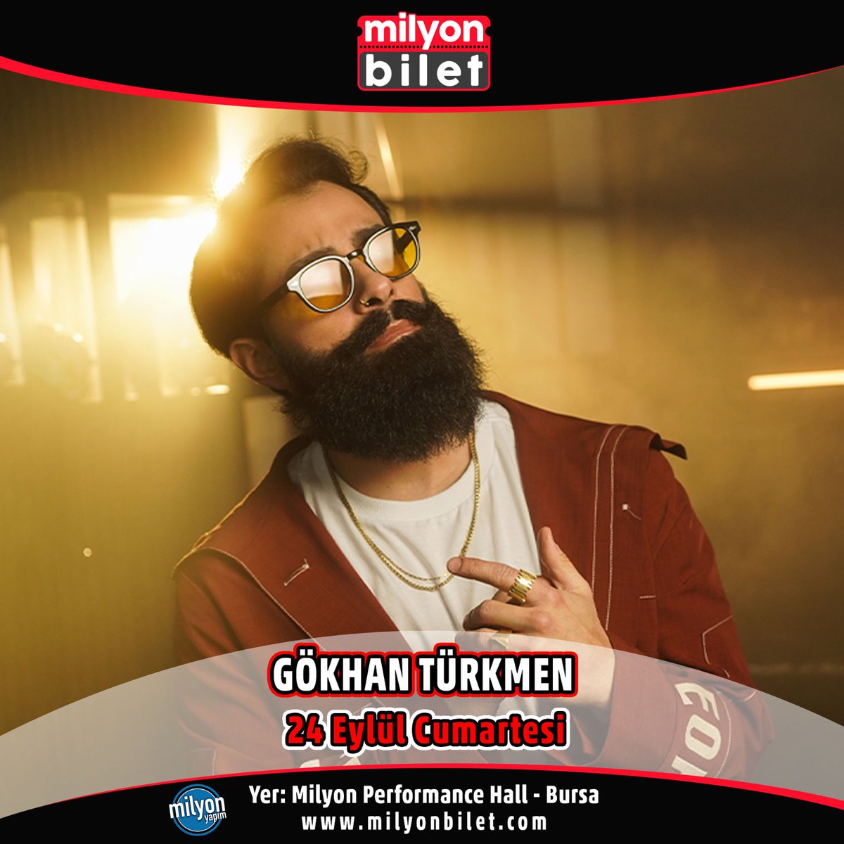 milyonbilet's tweet photo. Gökhan Türkmen 24 Eylül Cumartesi Milyon Performance Hall Bursa'da! 🎶

Biletler https://t.co/tRjTeHnpbK | milyonbilet APP'te 📲

@turkmen

#gökhantürkmen #milyonbilet #konser 
#milyonfest #bursa #milyonperformancehall https://t.co/nDAmxK2sRF