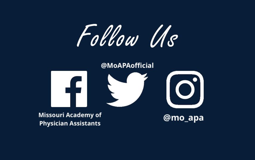 MoAPAofficial's tweet photo. Follow MoAPA on all social media platforms for the latest event information, legislative updates, CME conference offers, to easily network with other Missouri PAs, and more!

Facebook:
https://t.co/ib5QChr7lR

Instagram:
https://t.co/wQuwDjSfxp

Twitter: 
https://t.co/ugowmMlt98 https://t.co/7shduE7vrW