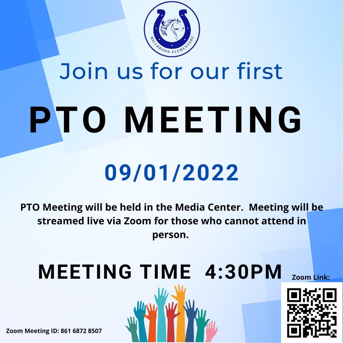 We hope you will join us for our first PTO meeting on 9/1 at 4:30 PM. The meeting will be held in the Media Center but will also be streamed live on Zoom for those who are unable to attend in person. #MillbrookPRIDE #millbrookfamily #ourptorocks #bettertogether