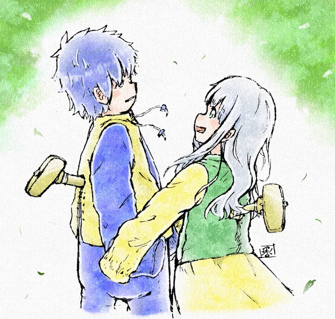 【コラボ絵】もぐ。()さんの子[がらくたくん・からくりちゃん]をお借りました線画交換して塗りました!1枚目 線画 :モン   塗り:もぐ。2枚目 線画 :もぐ。  塗り:モン3枚目線画:もぐ。4枚目線画:モン塗りやすかったわ、ありがと#香辛料シナモン #香モンとコラボ絵 