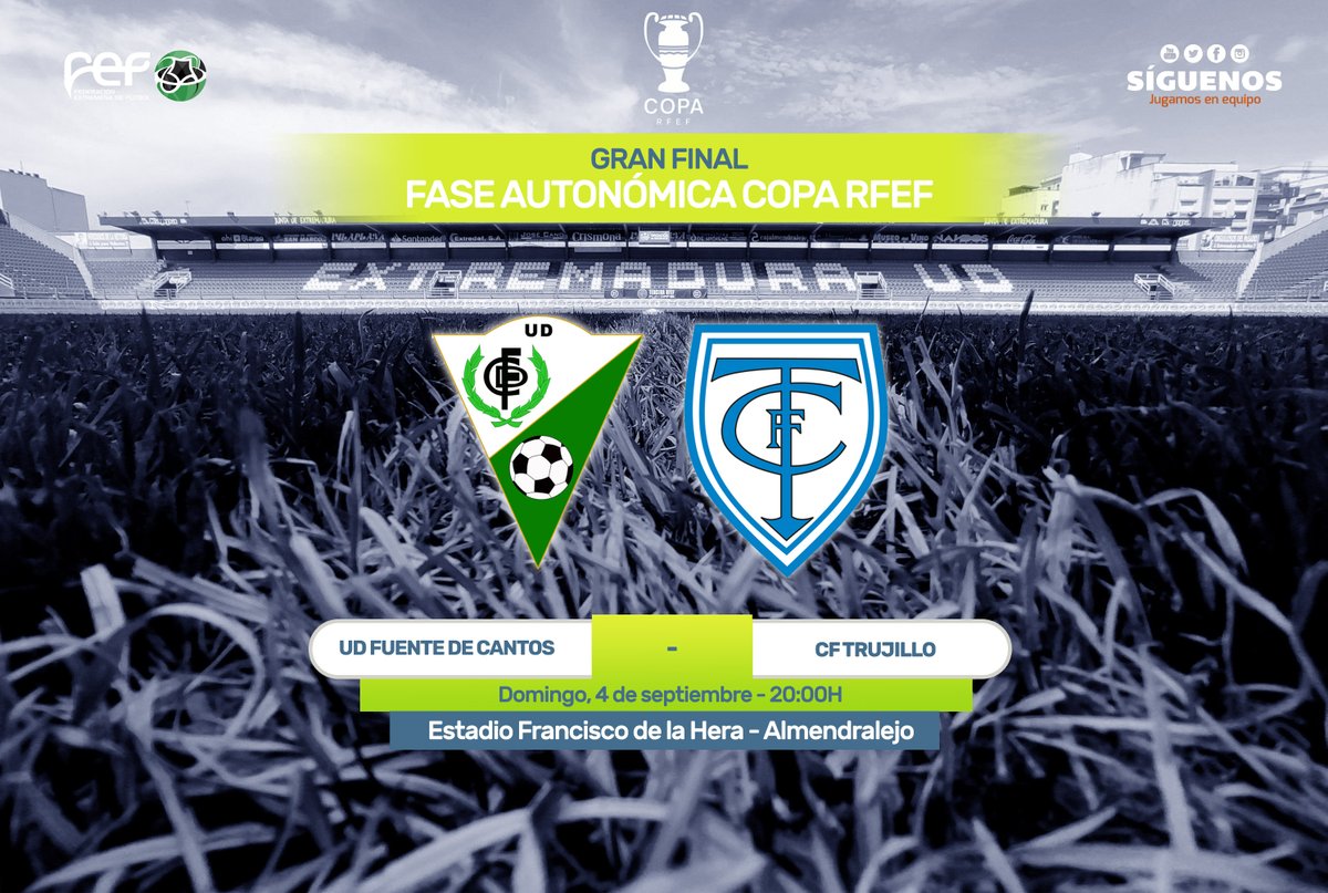 ✅ | Oficial |

🏟El Estadio Francisco de la Hera de #Almendralejo acogerá la final autonómica de #CopaRFEF🏆

<a href="/UDFDC/">UD Fuente de Cantos</a> 🆚 <a href="/Trujillo_CF/">CF Trujillo</a>
⌚Domingo 4 de septiembre - 20:00H

🎟Venta de entradas en las taquillas del estadio a partir de las 18:00H

🙌¡Os esperamos!🙌

#JugamosEnEquipo