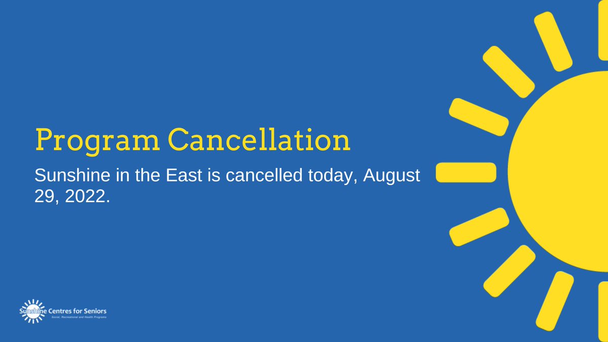 SCSToronto's tweet photo. Due to unforeseen circumstances, Sunshine in the East will be cancelled today, August 29, 2022. We apologize for the inconvenience. 

Sunshine in the East will resume as scheduled on Thursday, September 1, 2022. https://t.co/RvEtmX4f1h