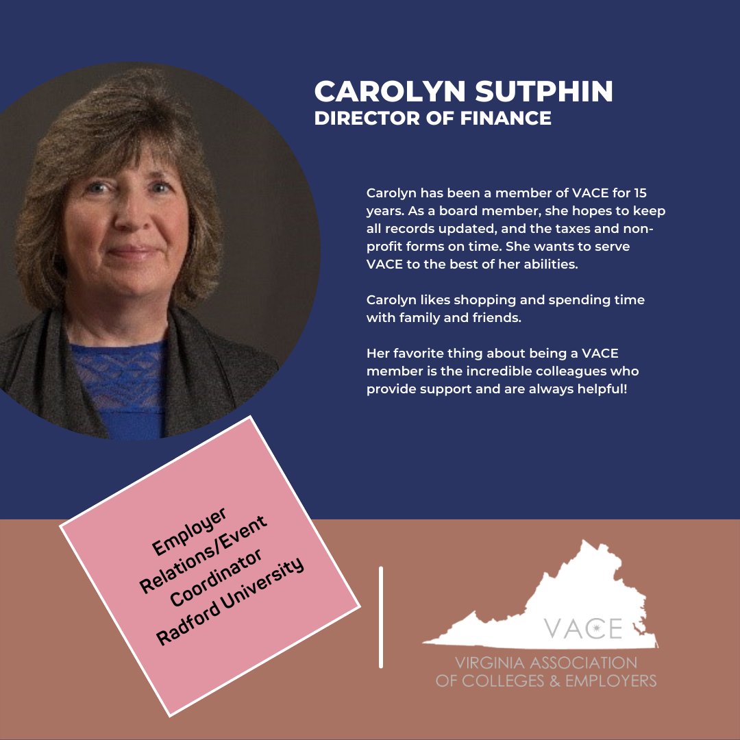 vaceoutreach's tweet photo. Meet your new board! Today: Carolyn Sutphin, Director of Finance. A member for 15 years, her favorite thing about VACE is the incredible colleagues who provide support &amp; are always helpful. Carolyn likes shopping &amp; spending time with family &amp; friends.

#vace #virginia #careers https://t.co/wR788cWi1b