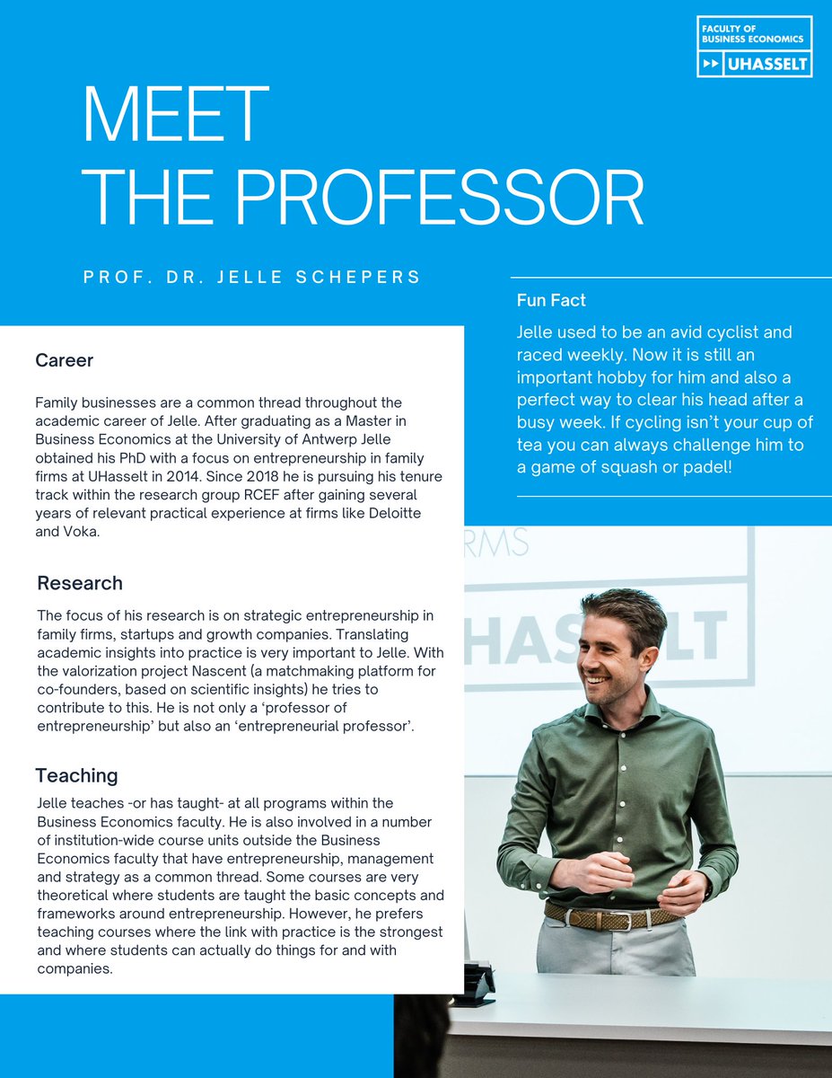 BEW_UHasselt's tweet photo. Have you met... prof. dr. @JelleSchepers__👋 He is not only a professor of entrepreneurship but also an entrepreneurial professor. He is a part of #RCEF @uhasselt research group and his research focuses on strategic entrepeneurship in #familyfirms, #startups and #growthcompanies https://t.co/cIRTvZ4FnR