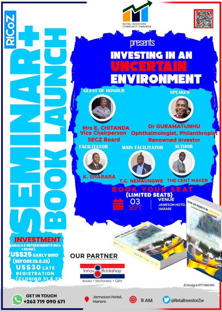 anchirenjethe's tweet photo. Tik Tok the countdown continues for this historic event. Let's make a date and be prepared to learn at this Investment Seminar + Book Launch at 9am, 3 September 2022 at Jameson Hotel. Its going to blow your mind. 
#ReadZimbabwe
#Investing
#Learning 
#Unlearning https://t.co/vuC0p3PhEL