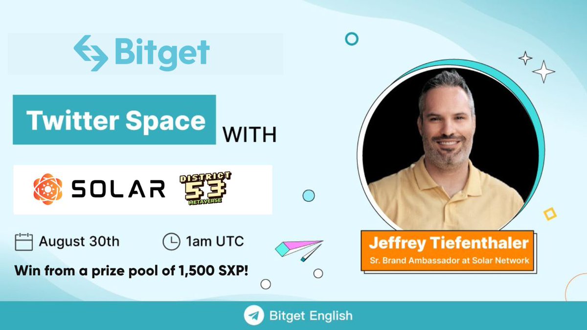 bitget's tweet photo. Join our Twitter Space AMA with @SolarNetwork at 1:00 AM UTC, Aug 30th!
✅Up to $1,500 $SXP lucky #Airdrops for grabs!

To enter 🔽 

RT &amp; fill out the form: https://t.co/61MMFVLTdt
Attend the AMA: https://t.co/klZZIp8L5L https://t.co/SQysyPIEfK