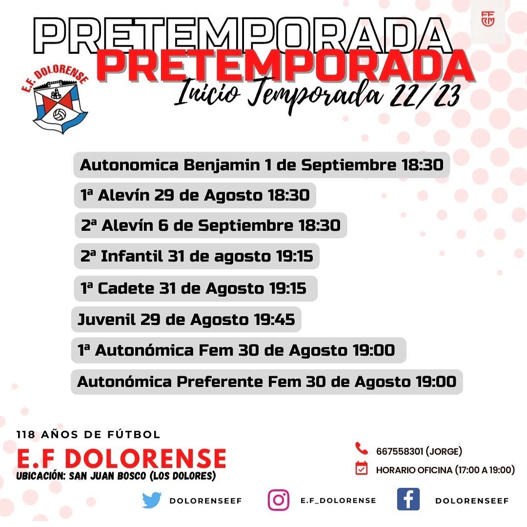 𝑯𝑶𝑹𝑨𝑹𝑰𝑶 𝑭𝑬𝑫𝑬𝑹𝑨𝑫𝑶𝑺 🕒 

𝙲𝙰𝙿𝚃𝙰𝙲𝙸𝙾𝙽𝙴𝚂 ⚽️

Empezamos nueva semana y estos serán los horarios de nuestros equipos federados que comienzan sus captaciones. 🗓 

¿A qué esperas? Ven a jugar con nosotros , este es tu club. 🔴⚫️

#Entrenamientos #VamosDolo