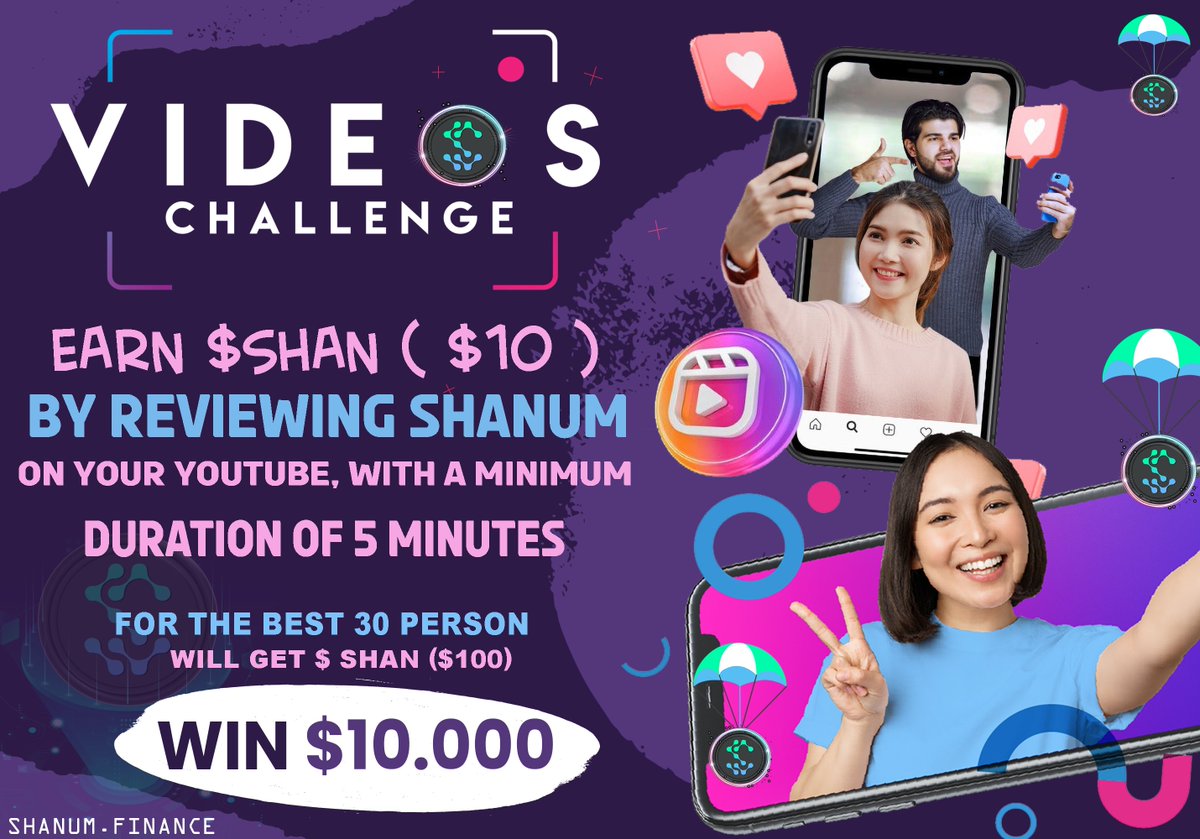 Earn $SHAN ( $10 ) by reviewing Shanum on your YouTube, with a minimum duration of 5 minutes 
#ShanumDigital #shanumchallenge
send your video link to our admin t.me/shanum_Digital