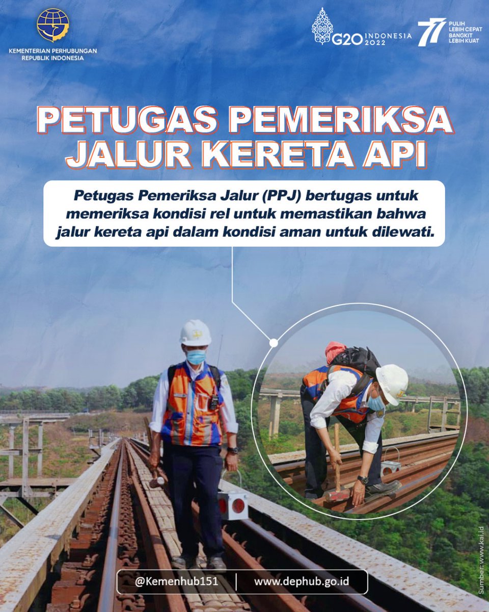 kemenhub151's tweet photo. #KawulaModa tahu gak, kalau di sektor perkeretaapian ada salah satu profesi yang cukup menantang? 

Yap, profesi tersebut yaitu Petugas Pemeriksa Jalur (PPJ). PPJ berperan penting dalam keselamatan dan keamanan perjalanan kereta api. https://t.co/ZHtlHxWYDF