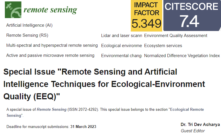 dev_333's tweet photo. Remote Sensing and Artificial Intelligence Techniques for Ecological-Environment Quality (EEQ)👉https://t.co/spGw33VqAR #mdpiremotesensing 
👈 via @RemoteSens_MDPI #GISchat #EOChat #Geospatial @USGSLandsat @esa @Maxar @Esri @talk_rspatial https://t.co/Tg3ac9lQMr