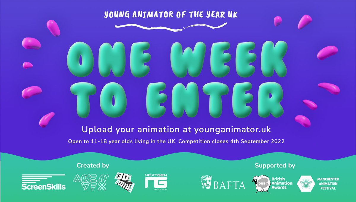 YoungAnimatorUK's tweet photo. ⏳ ONE WEEK UNTIL THE DEADLINE!

Not long left to enter the Young Animator of the Year competition! Judged by professional #animators, winning films will be announced and premiered at @mcranimation ⭐️

Enter by September 4: https://t.co/5ibXHucI8c #animation #YAYUK https://t.co/MNwrPOUunz