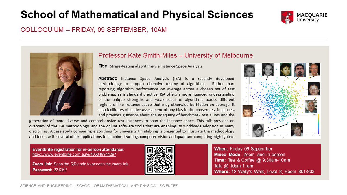 MQ Maths & Stats (@mqmathsstats) on Twitter photo Join us on Sept 9 for the next colloquium talk by Prof. Kate Smith-Miles from the <a href="/UniMelb/">University of Melbourne</a>. Pls register for in-person attendance. @MQPhysAstro <a href="/fse101MQ/">FSE 101</a> @SamuelMu11er <a href="/MQSciEng/">Science and Engineering @ MQU</a> Join us on Sept 9 for the next colloquium talk by Prof. Kate Smith-Miles from the <a href="/UniMelb/">University of Melbourne</a>. Pls register for in-person attendance. @MQPhysAstro <a href="/fse101MQ/">FSE 101</a> @SamuelMu11er <a href="/MQSciEng/">Science and Engineering @ MQU</a>